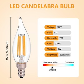 HMYYJT Dimmable LED Candelabra Bulb 60W Equivalent E12 LED Bulb 2700K Soft Warm White, Chandelier Light Bulbs, 6W 650LM Flame Tip CA10 Candle Light Bulb 24-Pack