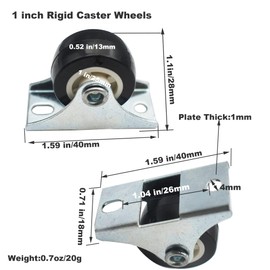 Floyutin 1 inch Rigid No-Swivel Plate Casters Small Rubber Wheels for Furniture and Workbench 6 Packs(Free Screws), Black (PVC)