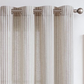 TOPICK Linen Curtains for Living Room 63 inches Long Grey Striped Curtains for Bedroom Stripe Pattern Curtains Drop Light Filtering Eyelet Curtains Window Decoration 2 Panels
