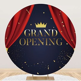Yeele 6.5x6.5ft Grand Opening Round Backdrop Red Curtain Gold Crown Ribbon Confetti Navy Blue Background for Photography Business Company New Store Grand Opening Party Events Banner Photo Booth Props
