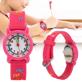 Children's Cartoon Watch, Letter Pattern Waterproof Children's Watch PU Strap Wrist Watch for Children Toddler Boys Girls 3-12 Years Old, pink-red