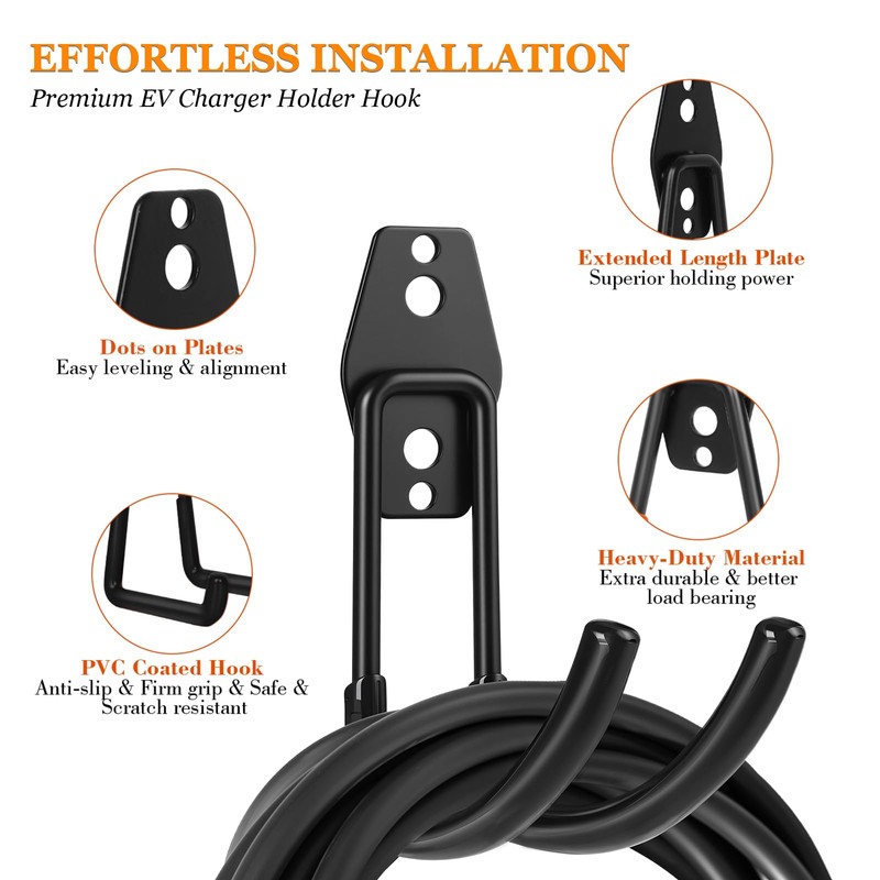 EV Charger Holder Wall Mount, Heavy Duty Steel J-Hook, Durable