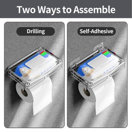 Extra Large Wipes Holder - Adhesive & Wall Mounted Toilet Paper Holder with Shelf, Stainless Steel Toilet Rolls Holder, Silver Waterproof