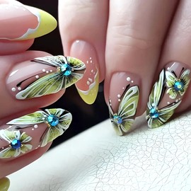 MERVF Medium Press on Nails Round Fake Nails Light Green French Tip Glue on Nails Rhinestones Press ons Butterfly Design Oval Spring Acrylic False Nails for Women Glossy 24pcs