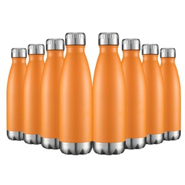 Water Bottles 8 Packs in Bulk Stainless Steel 17oz, Insulated Double Walled Vacuum Sports Fitness Hot Cold Reusable Beach Thermoses, Cola Shape Travel Metal Flask Leak Proof Gifts for Cycling Orange