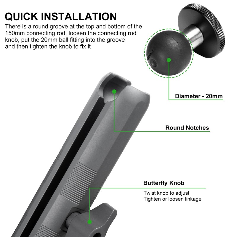FANAUE Aluminum Mounting Arm - Dual 20mm Socket Ends for