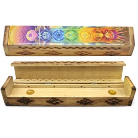 SOUL STICKS Handmade Carved Incense Burner Wooden Coffin Box with Storage Includes Go Away Evil Incense Sticks (7 Chakras Tree)