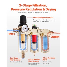 Industrial 3 Stage 5 m 0.3 m 0.1 m Air Drying System with Micron Filters 3/4\" NPT Air Compressor Filter RegulatorType: Triple Unit, Pipe Diameter: 3/4 NPT