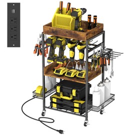 Power Tool Organizer Cart with Charging Station, Movable Garage Tools Storage, Shelving Tool Holder Drill Rack Shelf Rolling Cart with Wheels, Heavy Duty Metal Rolling Tool Rack for Workshop Garage