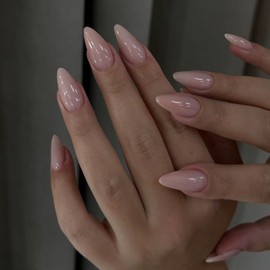 Almond False Nails - 24PCS French Tip Natural Nude Style - Light Pink Short Almond Fake Nails - Acrylic Full Cover Glitter Glue on Nails - Stick on Nails for Women Girls Days Nails Art