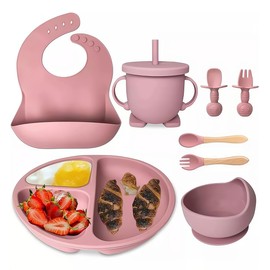 Platos Para Bebés De Silicona Con Tazón Cuchara Tenedor Babe，Juego de Platos y Cubiertos para Bebé de Silicona,Set de 8 Piezas para Bebés， Plato para Bebe con Ventosas, Baberos Ajustable(Rosa)