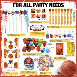 Saypacck 197 Pcs Basketball Party Favors with Ball Bracelets Mini Pinball Mini Bubble Wands Straws Keychains Badges Stickers Stamps Gift Bags Tags for Birthday Themed Party Sport Supplies