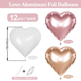 Pack of 12 18 Inch Red Helium Balloons, Heart Foil Balloons, Red, Valentine's Day Heart Balloons, Romantic Red Party Decoration, White Rose