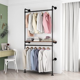 DR.IRON Industrial Pipe Clothing Racks with Double Bar, Industrial Black Clothes Racks Wall Mounted, Heavy Duty Closet Rods for Hanging Clothes Organizer Storage