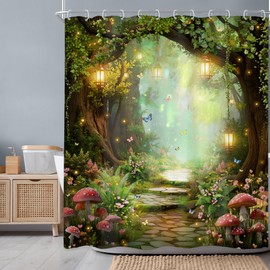 Newsely Fantasy Fairy Path Shower Curtain 60Wx72L Inch Magic Enchanted Misty Whimsical Mushroom Floral Tree Butterfly Bathroom Set Wonderland Nature Waterproof Bath Decoration Accessories Home Decor