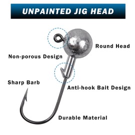 Unpainted Round Jig Heads Hooks Set, Ball Head Fishing Jig Hooks with Barb for Bass Crappie Trout Mix Sizes (36pcs)