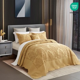 CHIXIN Bedspread Coverlet Set Queen Size - Lightweight Bedding Cover - Beautiful Stitching - 4 Piece Reversible Bedspread - Luxury Damask Paisley Pattern (Queen, Honey-Gold)