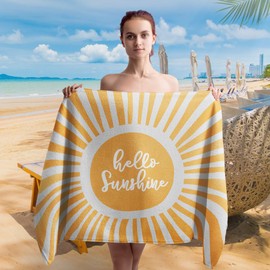 WAITPI Boho Sunshine Beach Towel, Hello Sunshine Beach Towels Oversized Gifts for Women Girls, Vintage Boho Yellow Sun Quick Dry Travel Sand Free Towel Decor for Bathroom Swimming Pool 30x60in