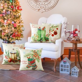 JOTOM Christmas Cushion Cover, 45 x 45 cm, Set of 4 Decorative Cushion Covers, Sofa Cushion Cover for Living Room, Sofa, Office, Outdoor