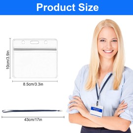 Badge Card Holder, 20 Pieces Plastic Clear Card Holder with Lanyard, Horizontal Name Badge Holder for Women Men