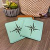 Turquoise Leatherette Coasters, Square with Compass Design, Set of 6,
