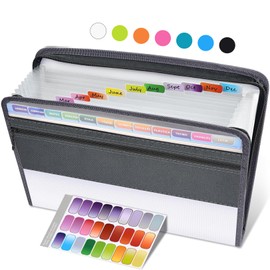 Sooez Accordion File Organizer with Safe Zipper, 12 Pocket Expanding File Folder with Front Pencil Pouch, Portable Monthly Paper Bill Tax Receipt Organizer, School Office Supplies, Letter Size, White