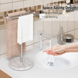 STWWO Hand Towel Stand For Bathroom with Marble Base, S-Shape Hand Towel Holder Standing Stainless Steel Rust-proof, Countertop Towel Stand Free Standing For Bathroom Vanity Countertop(Brushed Nickel)