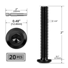 20 PCS 1/4"-20 x 2 Flat Head Socket Cap Screws Bolts, Flat Round Head Furniture Allen Bolts, Stainless Steel 304, Full Thread, Black Coating, Screwdriver Bit Included
