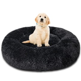 Patas Lague Calming Dog Bed for Medium Dogs, Fluffy Soft Cozy Cat Bed, Faux Fur Anti-Anxiety Plush Washable Pet Donut Cuddler for All Seasons 24IN, Black