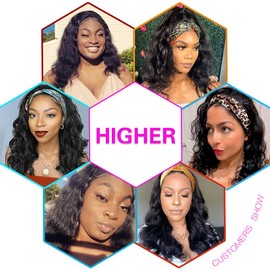 Headband Wig Human Hair Body Wave Headband Wigs for Black Women 12 Inch Brazilian Human Hair Wigs Body Wave Headband Wig Glueless None Lace Front Wigs Wear and Go Wigs 150% Density Natural Color