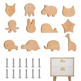 EUIEUT 12 PCS Animal Drawer Knobs Wooden Cabinet Knobs with Screws, Cute Animal Shape Furniture Pull Handle Natural Wood Dresser Pulls for Wardrobe Drawer Dressing Table Cabinet