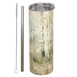 amepay Birch Tree Forest Stainless Steel Insulated Tumbler with Lid - 20oz Woodland Travel Mug,Reusable Metal Straw & Brush, Double-Wall Vacuum Bottle Cup for Hot and Cold Drinks Gifts