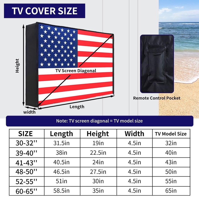 Outdoor TV Cover American Flag 60-65 Inch, 600D Waterproof and