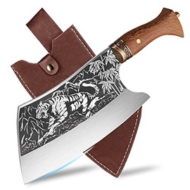 Meat Cleaver - 9" Butcher Knife, Heavy Duty Meat Chopper, Forged Cleaver Knife for Bone Cutting, Engraved Tiger Pattern, Ultra Sharp High Carbon Steel Chef Knife with Sheath, Portable for Outdoors