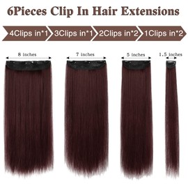 WECAN Straight Clip in Hair Extension Wine Red 22 Inch 6PCS Long Straight Hairpieces for Women Thick Synthetic Fiber Double Weft Hair Full Head