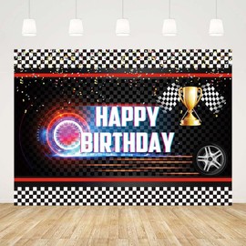 SENDY 7x5ft Racing Birthday Backdrop Speedometer Black White Chequered Flag Birthday Party Decorations Race Sport Competition Champion Party Banner Studio Props