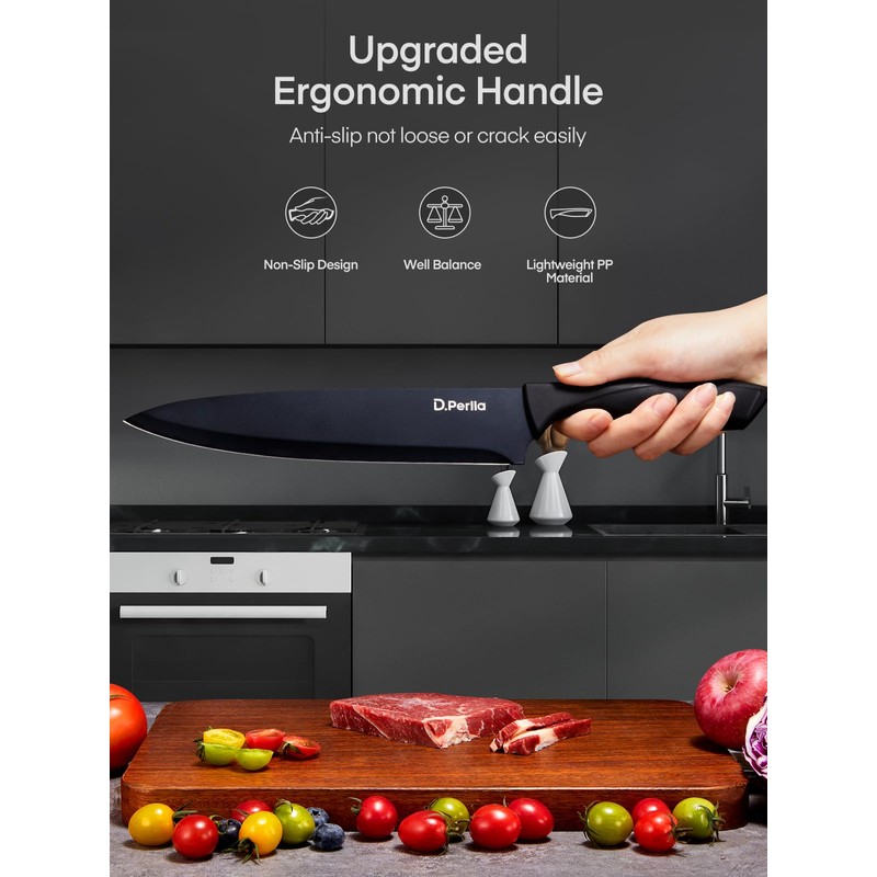 D.Perlla Black Knife Set with Sharpener 7 Pieces Stainless Steel