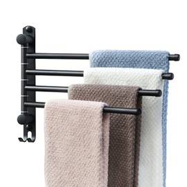 Black Towel Rack JSVER Swivel Towel Rack Wall Mounted, SUS304 Stainless Steel Towel Bar, 4 Arms Space Saving Towel Holder, Towel Racks for Bathroom