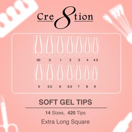 Cre8tion Soft Gel Nail Tips, Extra Long Square Shape, 602 Tips in 14 Sizes (00-9) for Professional Nail Extensions