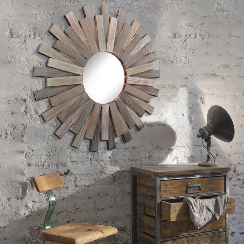 Stonebriar Large Round 32" Wooden Sunburst Wall Mirror with Attached