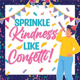 Decorably 101 Pcs Cutouts Sprinkle Kindness Bulletin Board Decorations Set with Borders, Confetti Classroom Decor - School, Homeschool