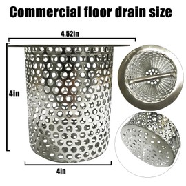 4in Commercial Floor Drain Strainer, 316 Stainless Steel Floor Drain Filter 4in Tall with Carry Handle, Finely Polished Drain Basket for Factory Kitchen Hospital Restaurant