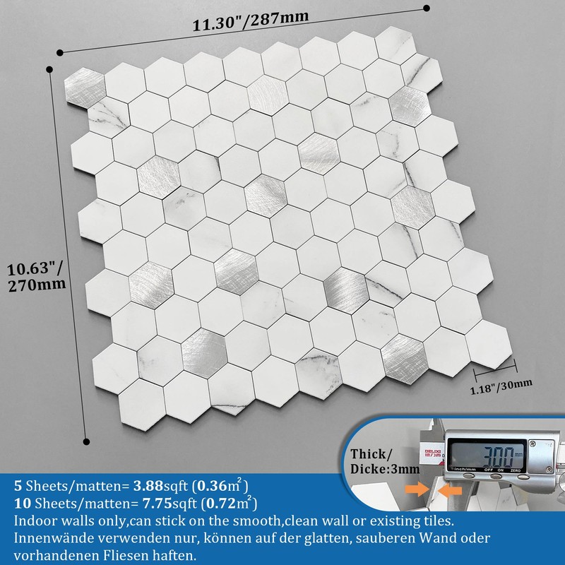 MOFIT Hexagon Peel and Stick Backsplash Tiles Kitchen,Self-Adhesive Metal and
