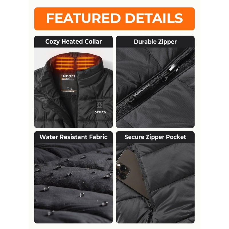 ORORO Men's Lightweight Heated Vest with USB-C Rechargeable Battery, Puffer