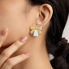 Evabelle Chunky Gold Earrings Bow Earrings for Women Trendy Nugget Statement Gold Jewelry Lightweight Hypoallergenic Dainty Dangle Drop Christmas Jewelry Accessories (Style01- gold mixed silver bow earrings)