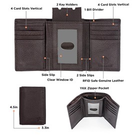 Juzar Tapal Collection RFID-Blocking Men’s Trifold Leather Wallet with Thumb ID Window, Key Holder, YKK Zippered Bill Slot, and Gift Pouch (J130TF Brown)