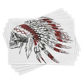 Ambesonne Tribal Place Mats Set of 4, Hand Drawn Feather Headdress with Human Skull Vintage Art, Washable Fabric Placemats for Dining Room Kitchen Table Decor, Burgundy Black White