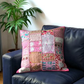 Hastvikas Premium Decorative Embroidery Cotton Cushion Cover 16 x 16 Inch | 100% Handmade Patchwork | Handcrafted Kambhari Art Pillow Case for Sofa, Bed & Home Décor (Pink)
