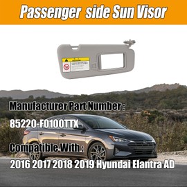 Right Passenger Side Sun Visor Compatible with 2016 2017 2018 2019 Hyundai Elantra AD Replaces # 85220-F0100TTX （Gray
