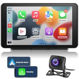 Kunfine Universal Portable Wireless Carplay Screen Android Auto, 7 Inch Touchscreen Wireless Car Play Screen AHD Reverse Camera for Car Support Airplay Voice Control FM Bluetooth AUX